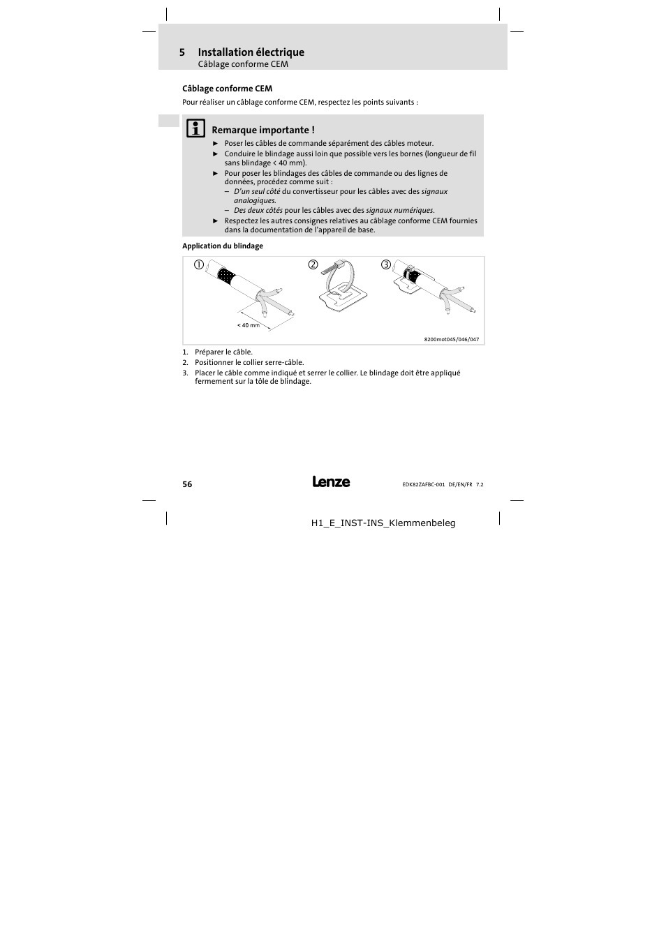 5 installation électrique, Câblage conforme cem, Installation électrique | 5installation électrique | Lenze E82ZAFBC001 User Manual | Page 56 / 64