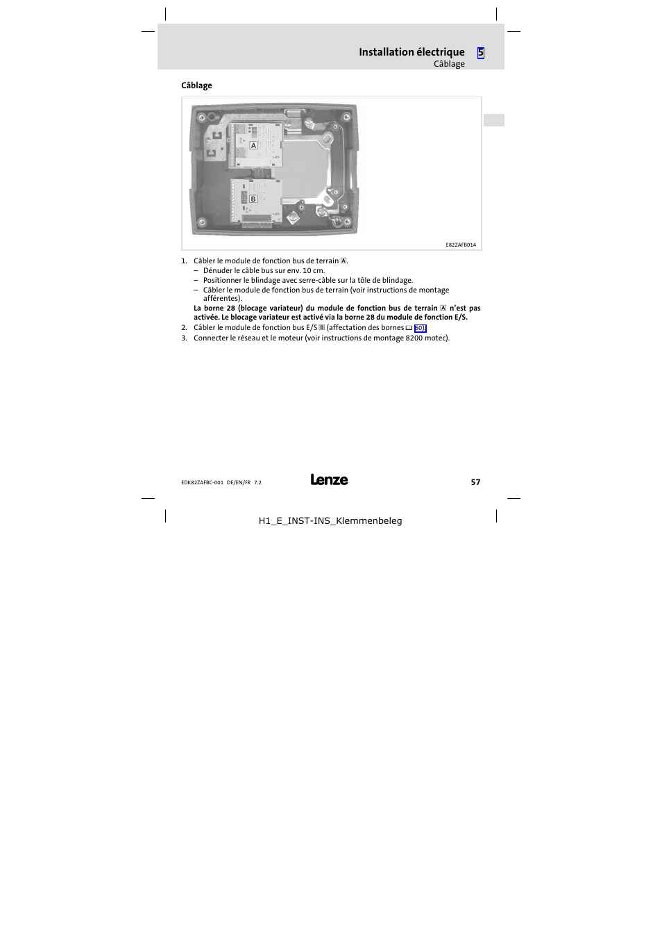 Câblage, Installation électrique | Lenze E82ZAFBC001 User Manual | Page 57 / 64