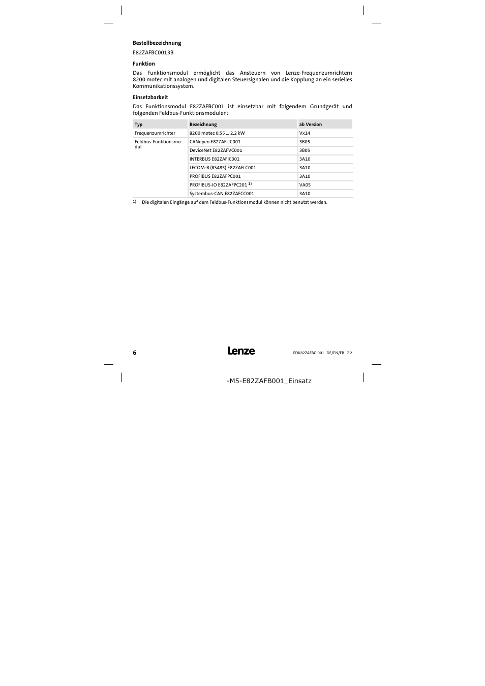 Bestellbezeichnung | Lenze E82ZAFBC001 User Manual | Page 6 / 64
