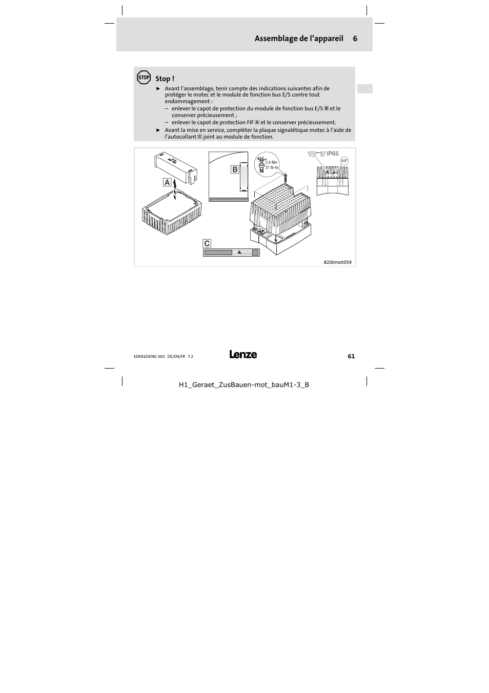 6 assemblage de l'appareil, Assemblage de l’appareil | Lenze E82ZAFBC001 User Manual | Page 61 / 64