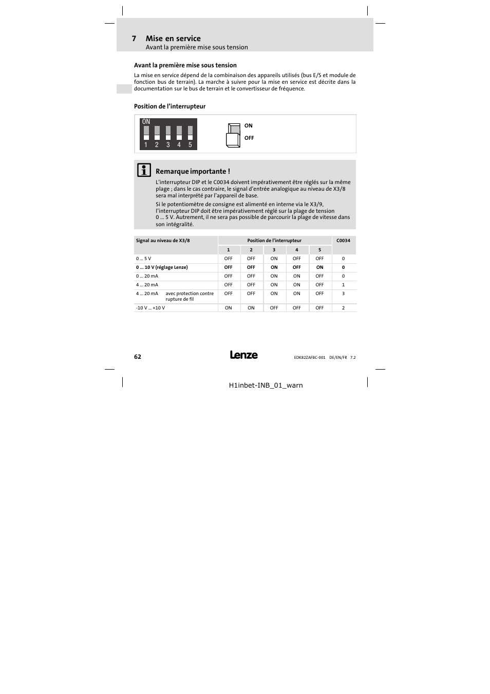 7 mise en service, Avant la première mise sous tension, Position de l'interrupteur | Mise en service, Position de l’interrupteur, 7mise en service, Remarque importante | Lenze E82ZAFBC001 User Manual | Page 62 / 64