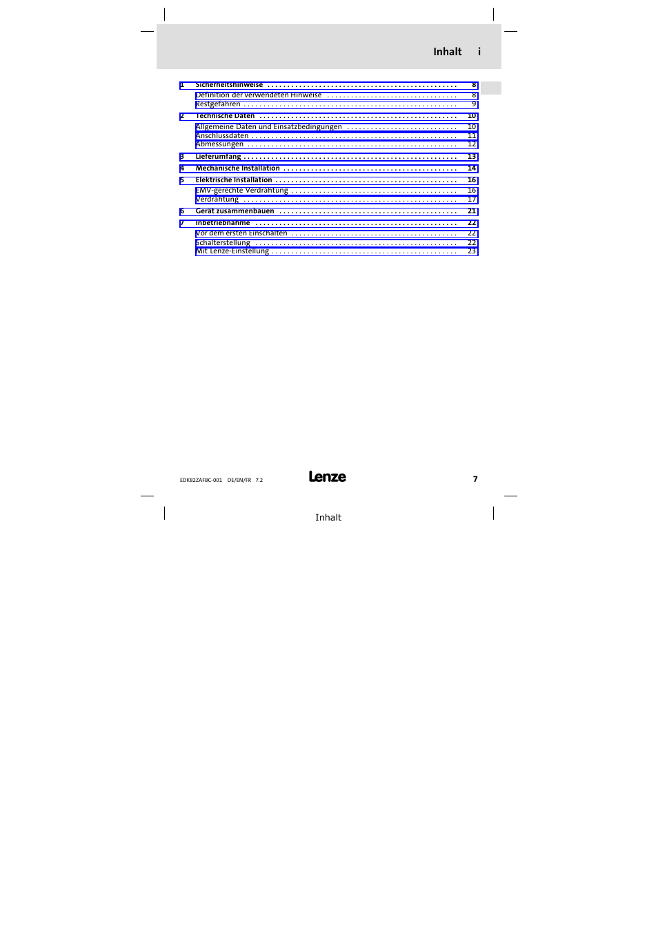 Inhalt, Inhalt i | Lenze E82ZAFBC001 User Manual | Page 7 / 64