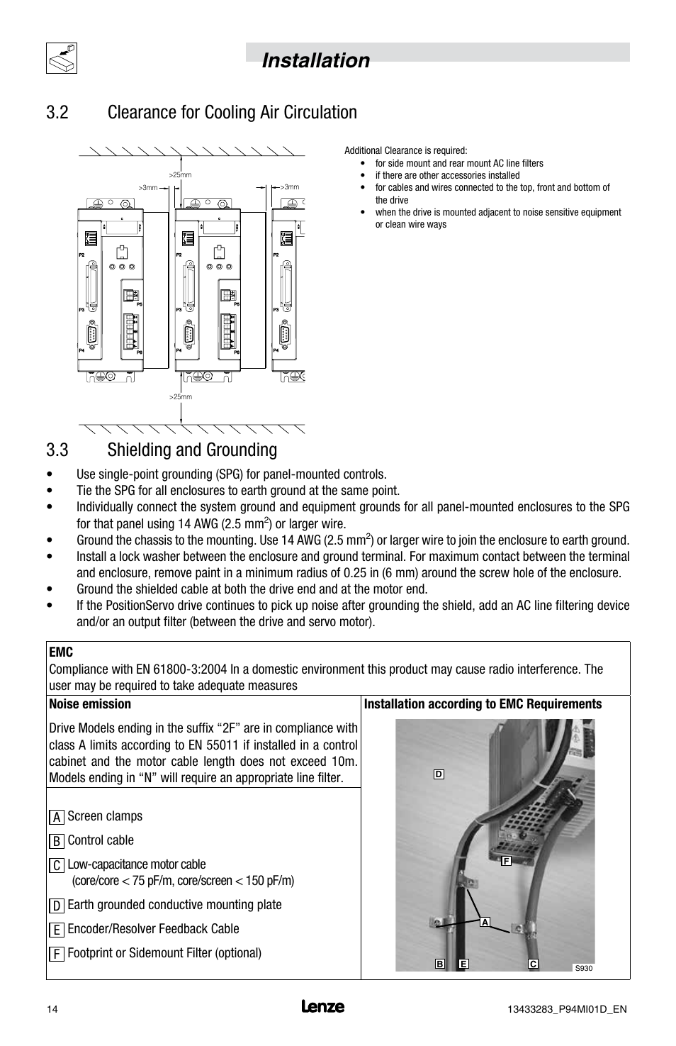 Installation, 2 clearance for cooling air circulation, 3 shielding and grounding | Lenze E94P v4.0 User Manual | Page 16 / 20