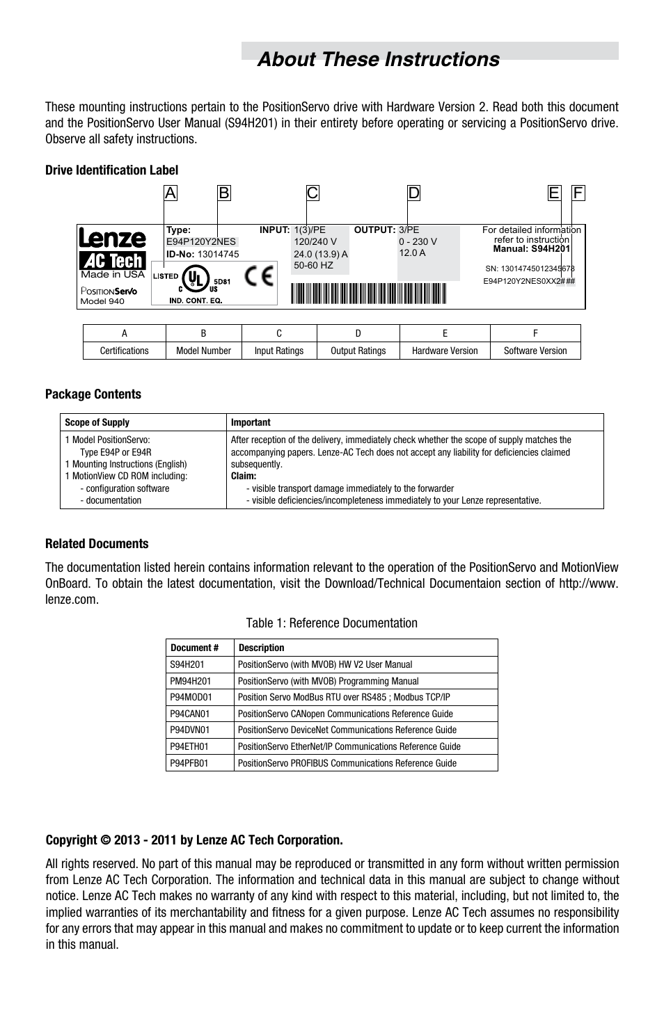 About these instructions, Package contents | Lenze E94P v4.0 User Manual | Page 2 / 20