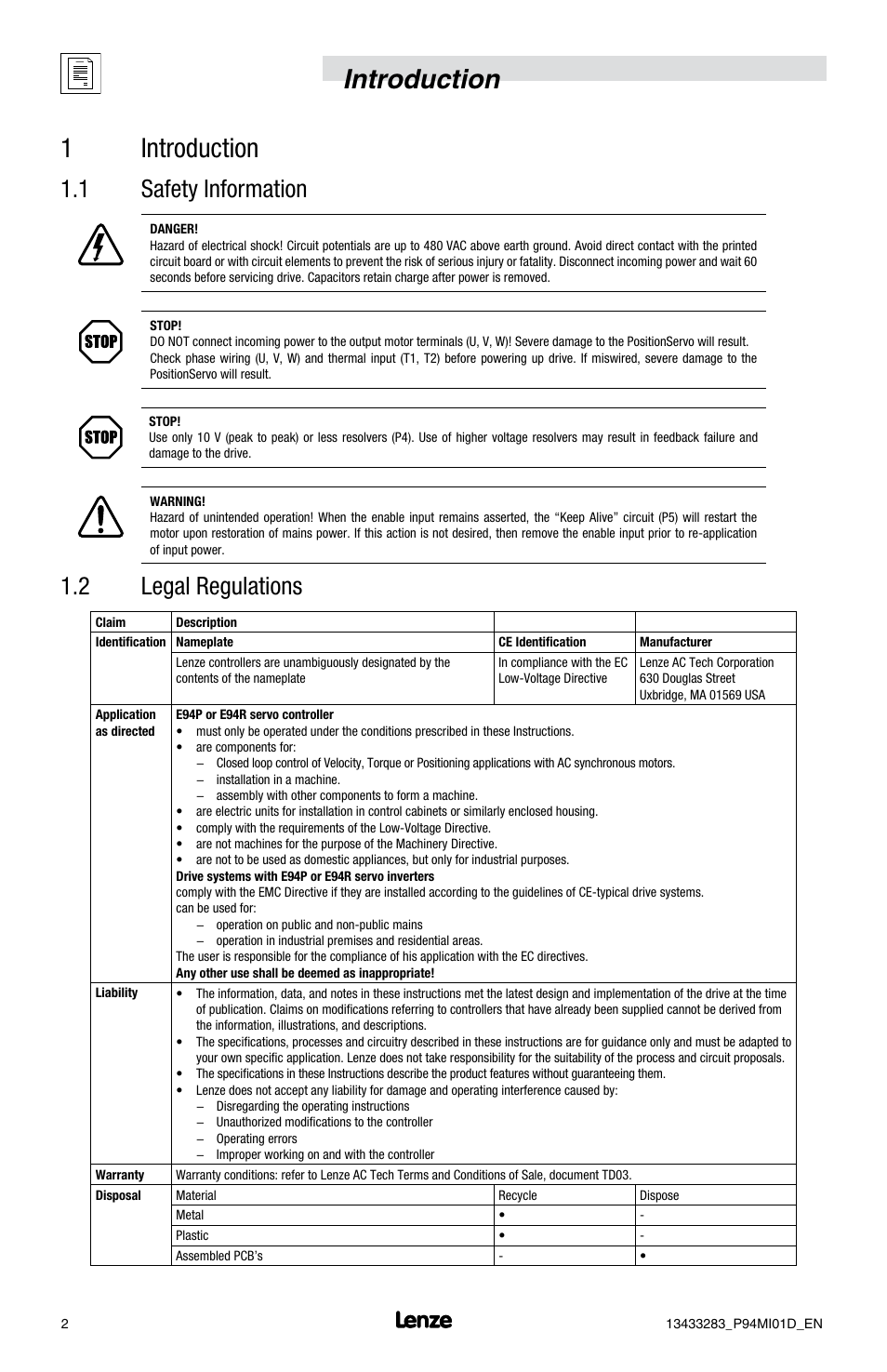 Introduction 1 introduction, 1 safety information, 2 legal regulations | Lenze E94P v4.0 User Manual | Page 4 / 20