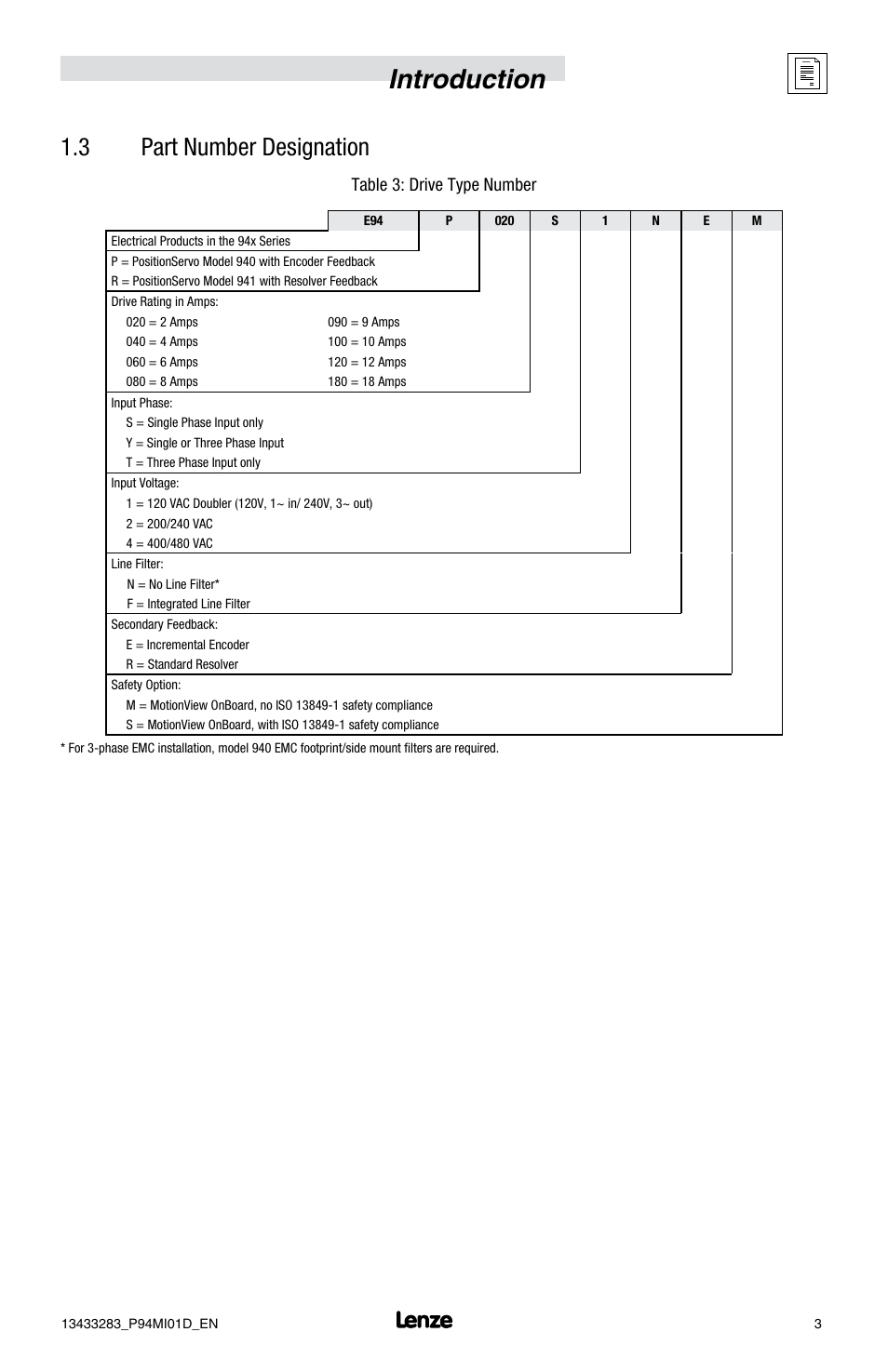 Introduction, 3 part number designation, Table 3: drive type number | Lenze E94P v4.0 User Manual | Page 5 / 20