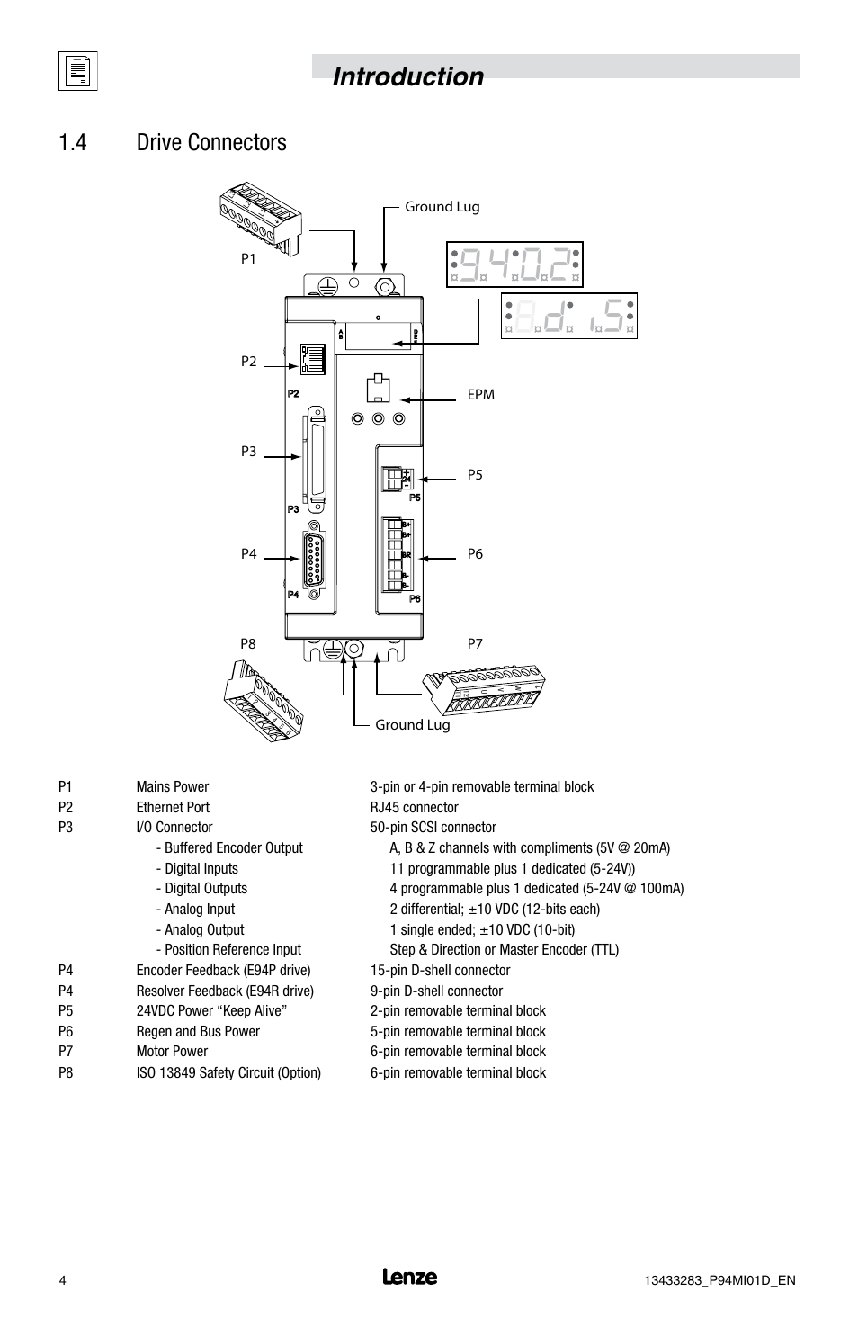 Introduction, 4 drive connectors | Lenze E94P v4.0 User Manual | Page 6 / 20