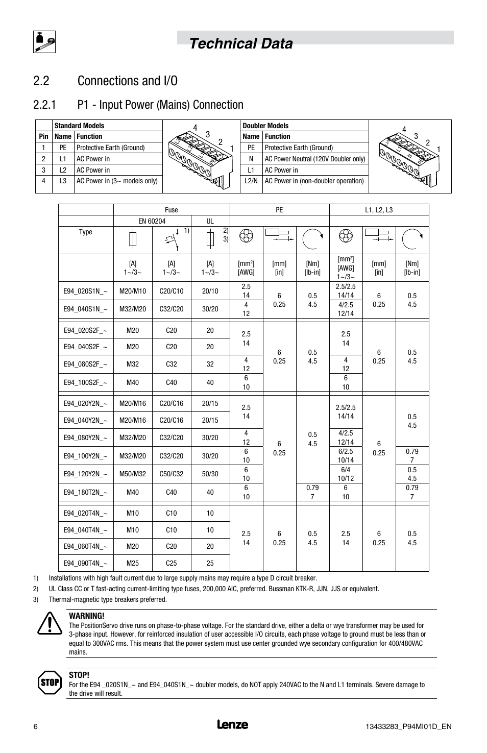 Technical data, 2 connections and i/o, 1 p1 - input power (mains) connection | Lenze E94P v4.0 User Manual | Page 8 / 20