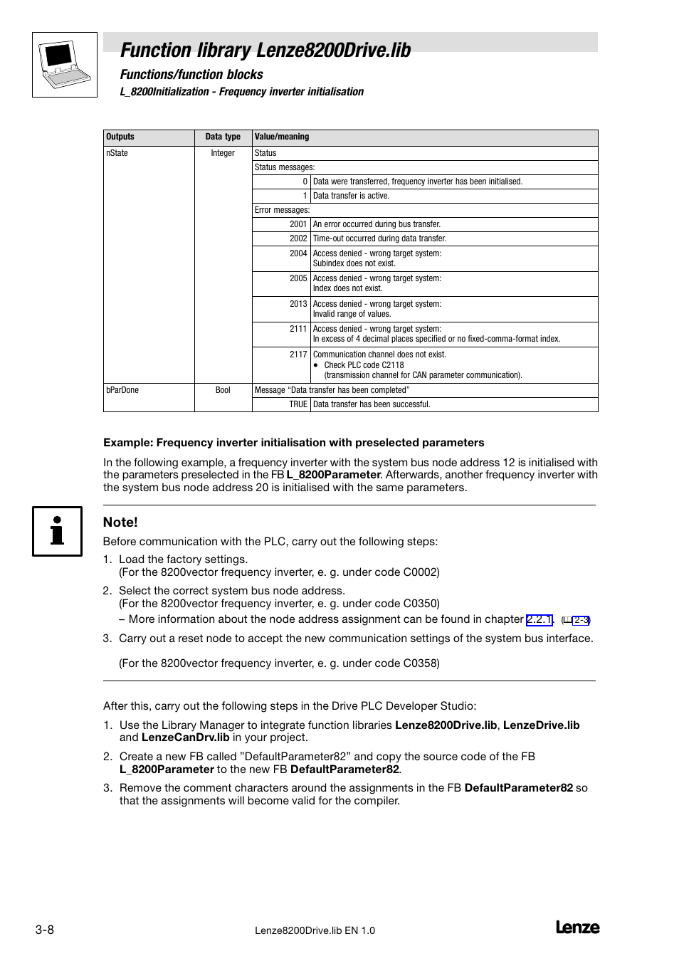 Function library lenze8200drive.lib, Functions/function blocks | Lenze DDS Function library 8200 Drive User Manual | Page 20 / 28