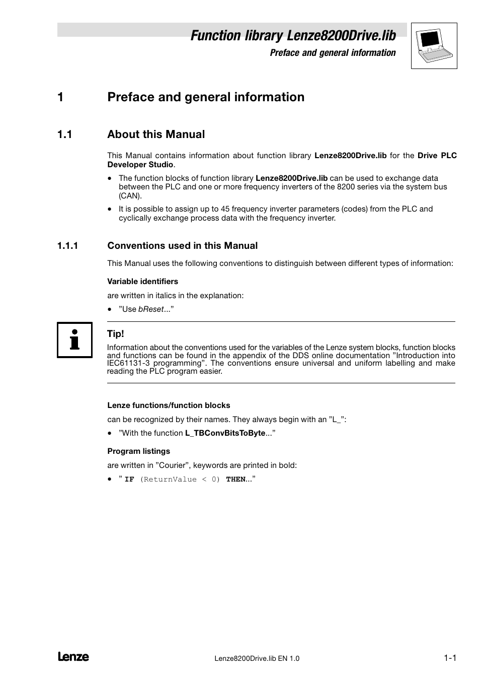 1 preface and general information, 1 about this manual, 1 conventions used in this manual | About this manual, Conventions used in this manual, Function library lenze8200drive.lib, 1preface and general information | Lenze DDS Function library 8200 Drive User Manual | Page 5 / 28