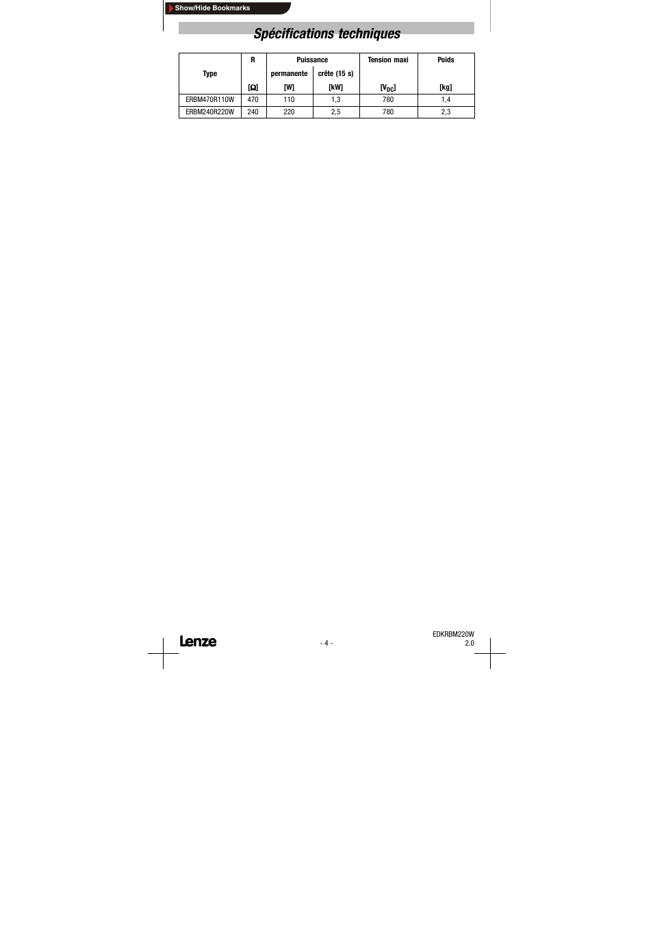 Spécifications techniques | Lenze EDKRBM220W User Manual | Page 12 / 12