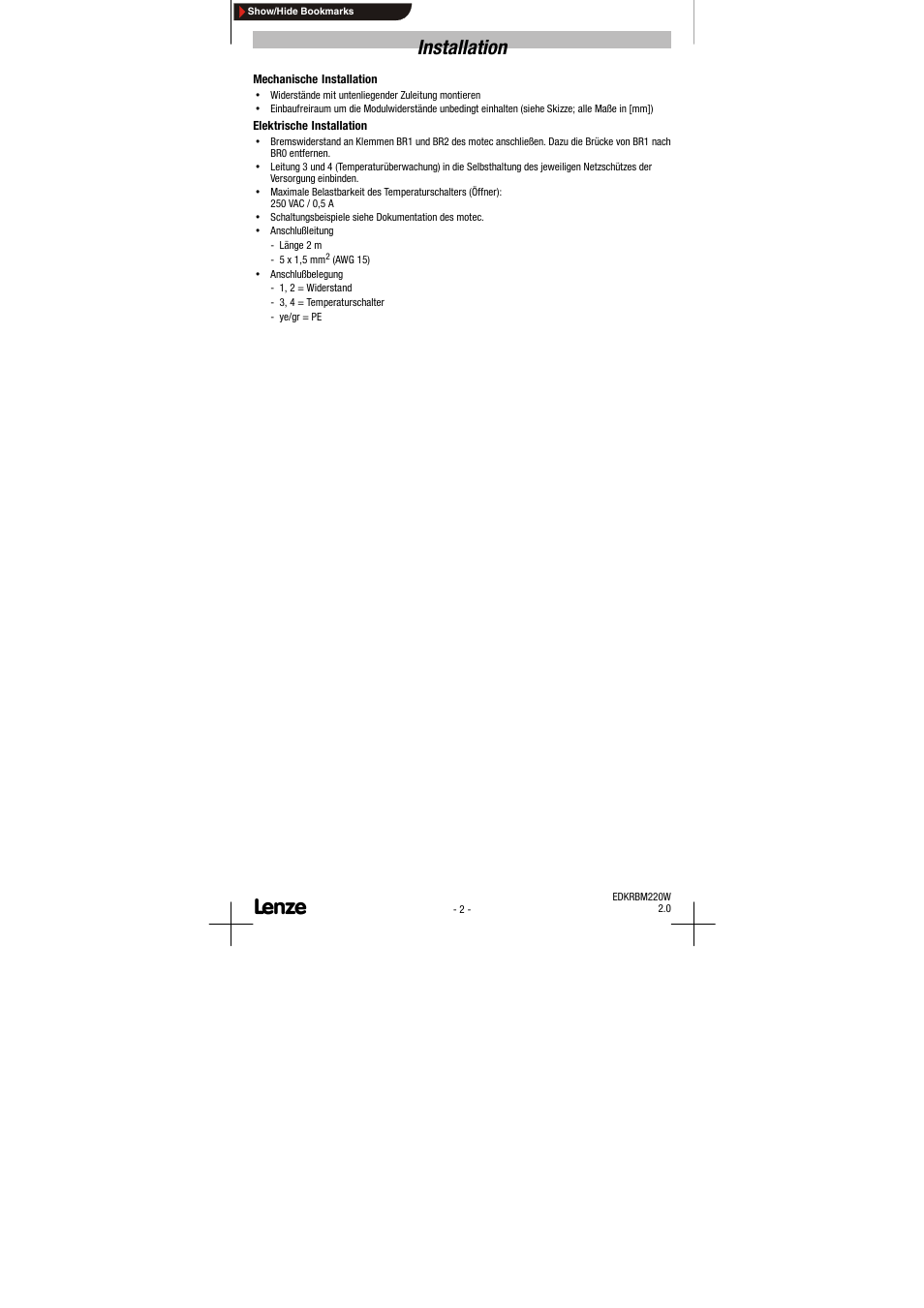Installation | Lenze EDKRBM220W User Manual | Page 2 / 12