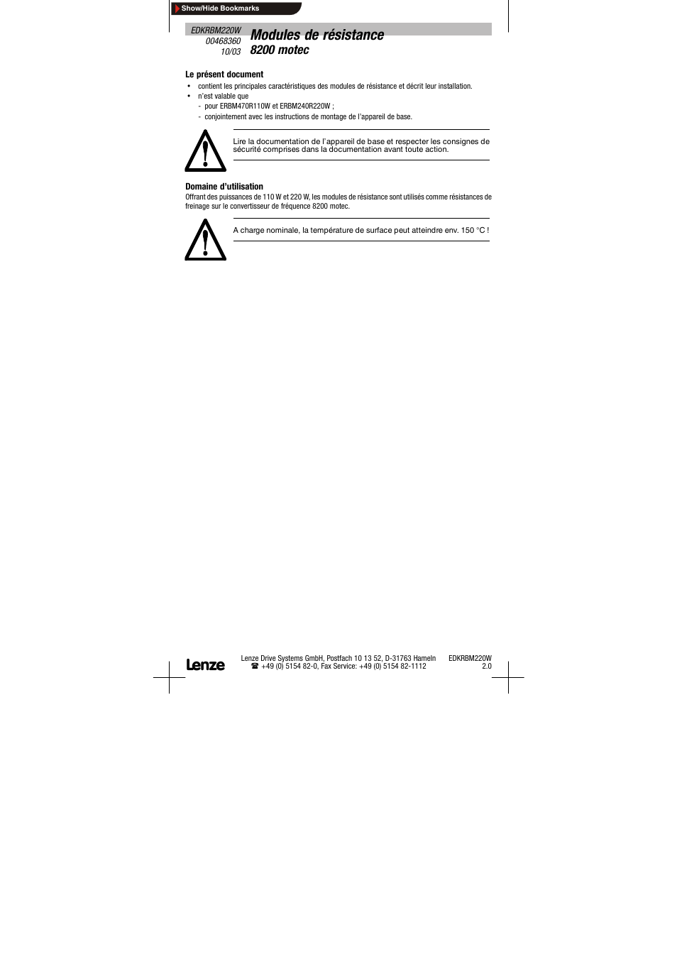 Modules de résistance 8200 motec, Modules de résistance, 8200 motec | Lenze EDKRBM220W User Manual | Page 9 / 12
