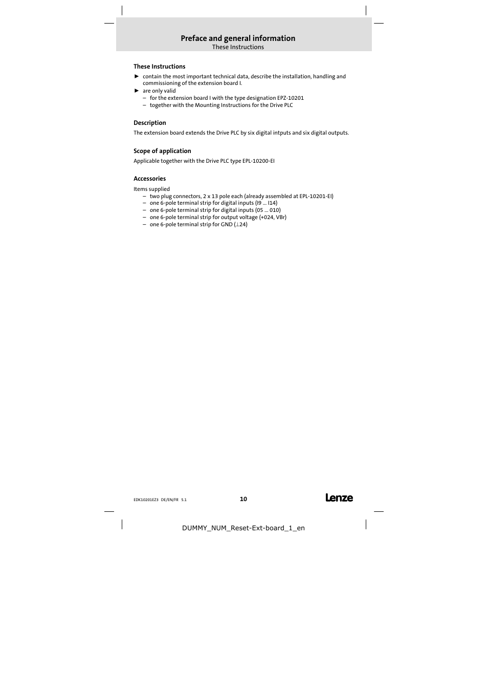 Preface and general information, These instructions, Description | Scope of application, Accessories | Lenze EPZ-10201 User Manual | Page 10 / 26