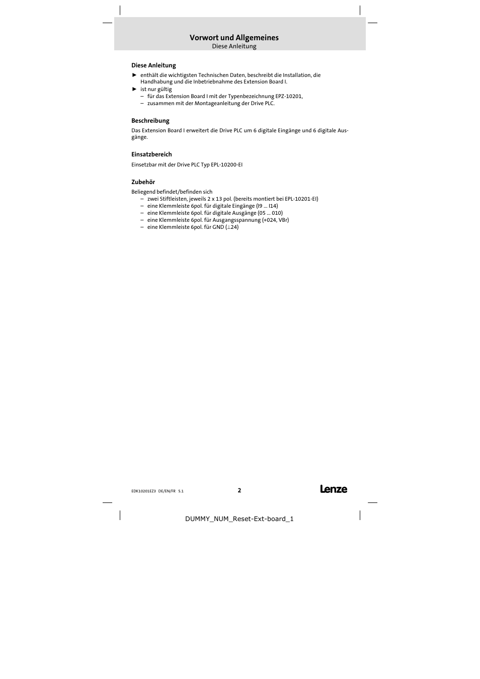 Vorwort und allgemeines, Diese anleitung, Beschreibung | Einsatzbereich, Zubehör | Lenze EPZ-10201 User Manual | Page 2 / 26