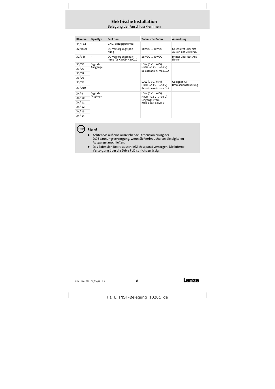 Elektrische installation, Stop | Lenze EPZ-10201 User Manual | Page 8 / 26