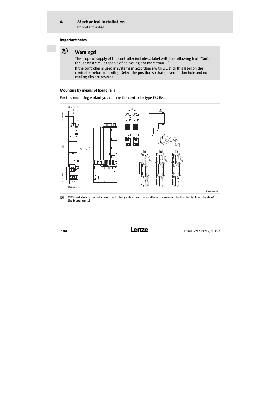 Mechanical installation, Important notes, Mounting by means of fixing rails | Warnings | Lenze E82EV 8200 vector 0.25kW-2.2kW User Manual | Page 104 / 250