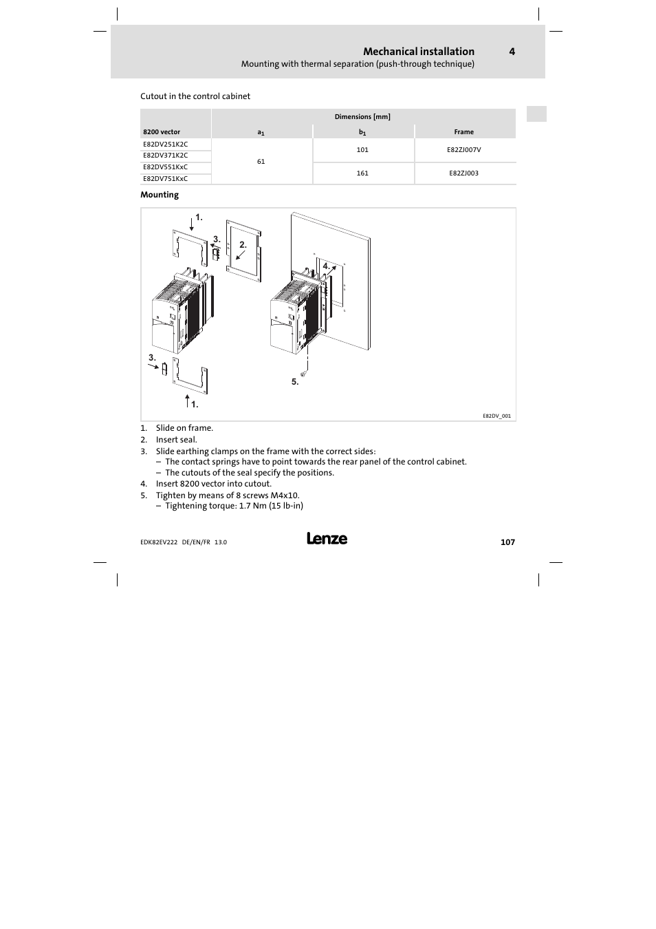 Mechanical installation | Lenze E82EV 8200 vector 0.25kW-2.2kW User Manual | Page 107 / 250