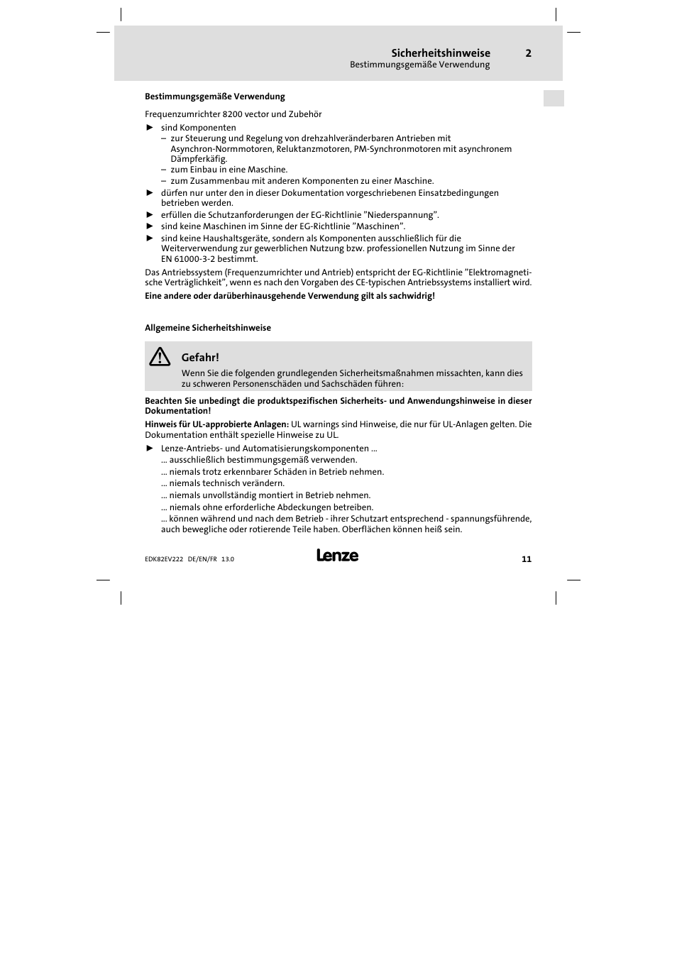 Sicherheitshinweise, Bestimmungsgemäße verwendung, Allgemeine sicherheitshinweise | Lenze E82EV 8200 vector 0.25kW-2.2kW User Manual | Page 11 / 250