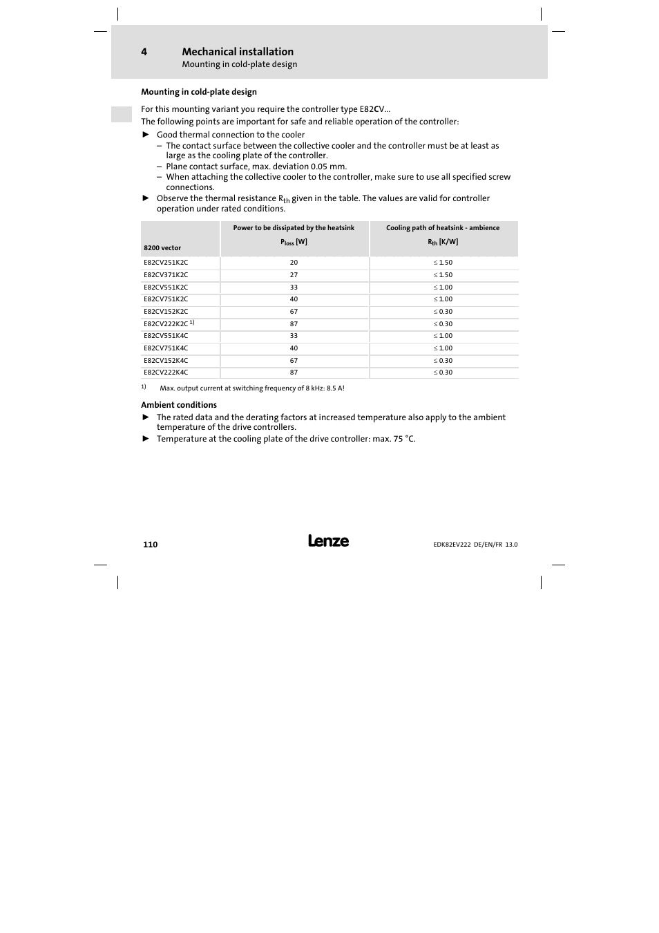 Mounting in cold-plate design, Mounting in cold−plate design, Mechanical installation | Lenze E82EV 8200 vector 0.25kW-2.2kW User Manual | Page 110 / 250