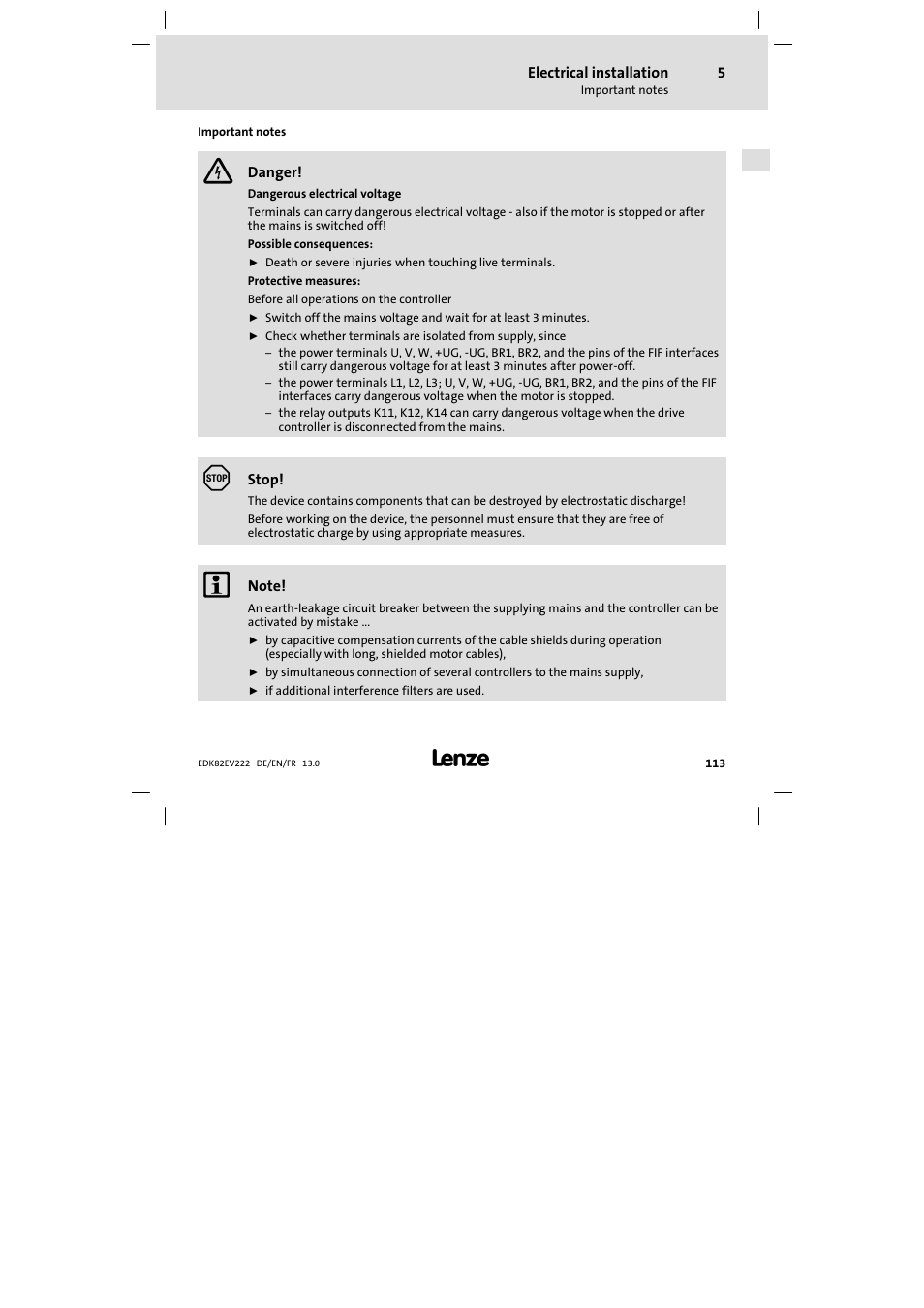 Electrical installation, Important notes | Lenze E82EV 8200 vector 0.25kW-2.2kW User Manual | Page 113 / 250