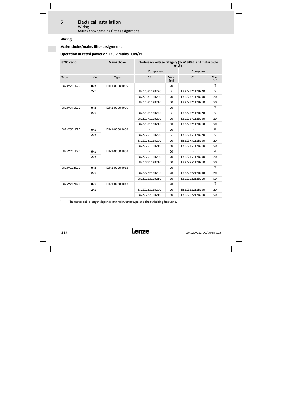 Wiring, Mains choke/mains filter assignment, Electrical installation | Lenze E82EV 8200 vector 0.25kW-2.2kW User Manual | Page 114 / 250