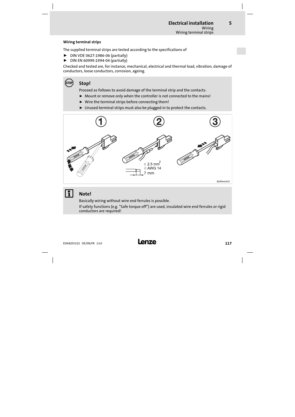 Wiring terminal strips | Lenze E82EV 8200 vector 0.25kW-2.2kW User Manual | Page 117 / 250
