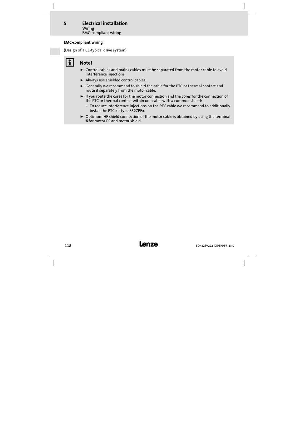 Emc-compliant wiring, Emc−compliant wiring | Lenze E82EV 8200 vector 0.25kW-2.2kW User Manual | Page 118 / 250