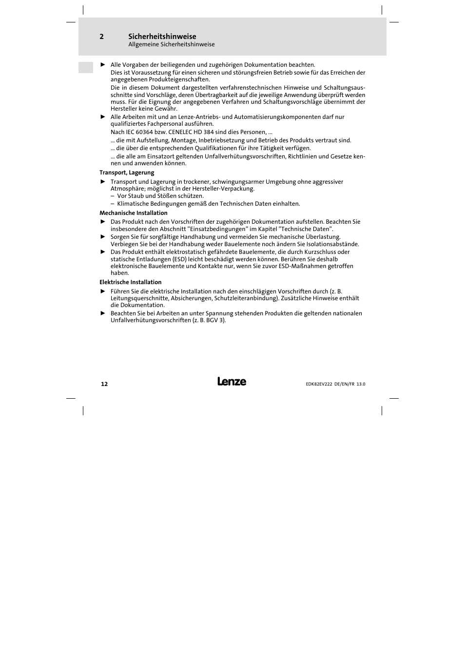Lenze E82EV 8200 vector 0.25kW-2.2kW User Manual | Page 12 / 250