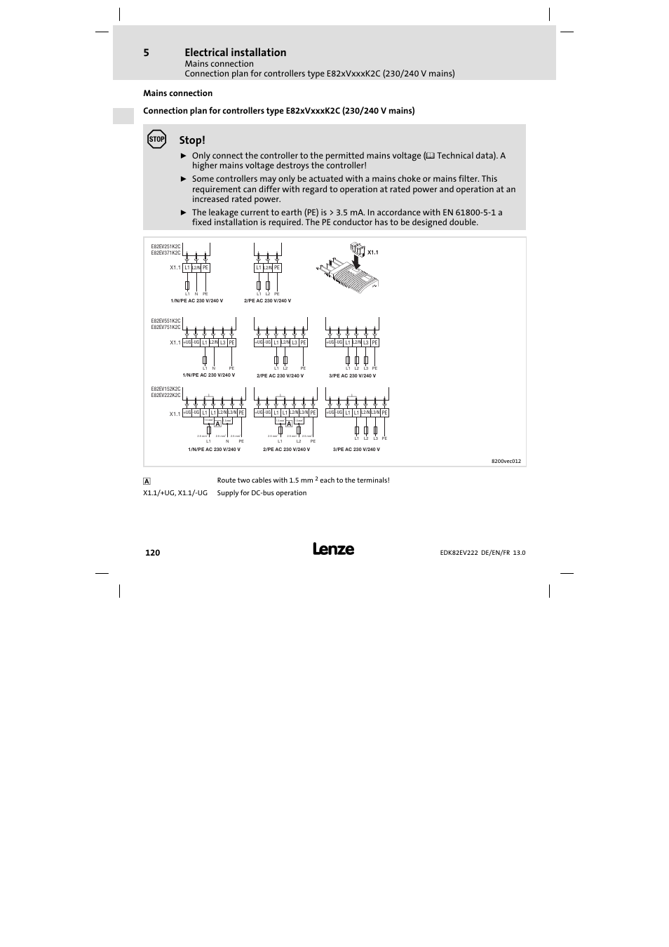 Mains connection, Electrical installation, Stop | Lenze E82EV 8200 vector 0.25kW-2.2kW User Manual | Page 120 / 250