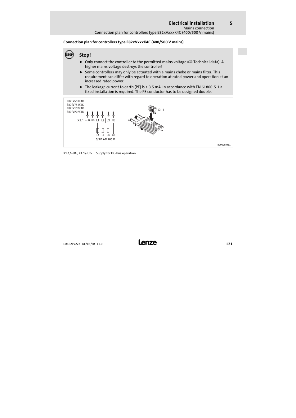 Electrical installation, Stop | Lenze E82EV 8200 vector 0.25kW-2.2kW User Manual | Page 121 / 250