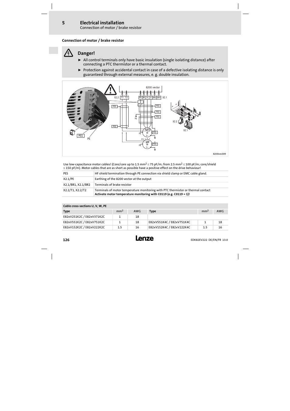 Connection of motor / brake resistor, Electrical installation, Danger | T2 t1 | Lenze E82EV 8200 vector 0.25kW-2.2kW User Manual | Page 126 / 250