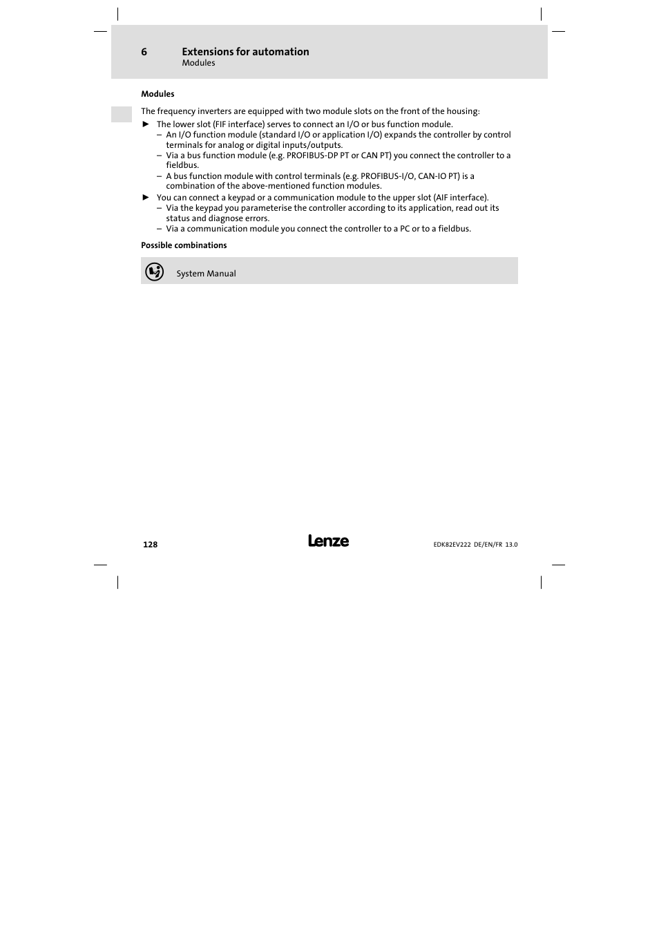 Extensions for automation, Modules | Lenze E82EV 8200 vector 0.25kW-2.2kW User Manual | Page 128 / 250