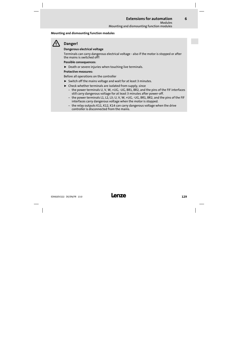 Mounting and dismounting function modules | Lenze E82EV 8200 vector 0.25kW-2.2kW User Manual | Page 129 / 250