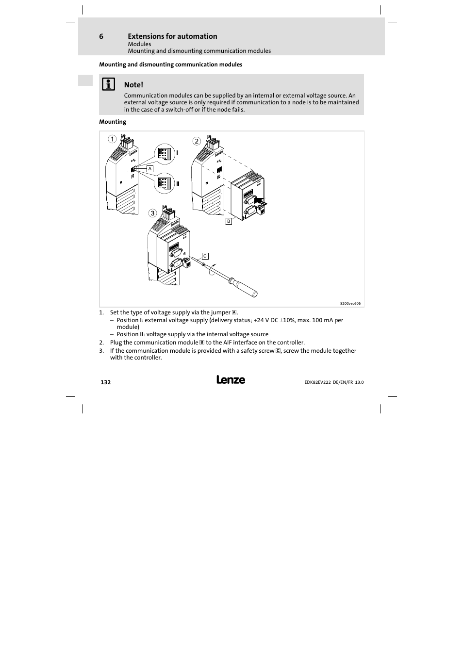 Mounting and dismounting communication modules | Lenze E82EV 8200 vector 0.25kW-2.2kW User Manual | Page 132 / 250