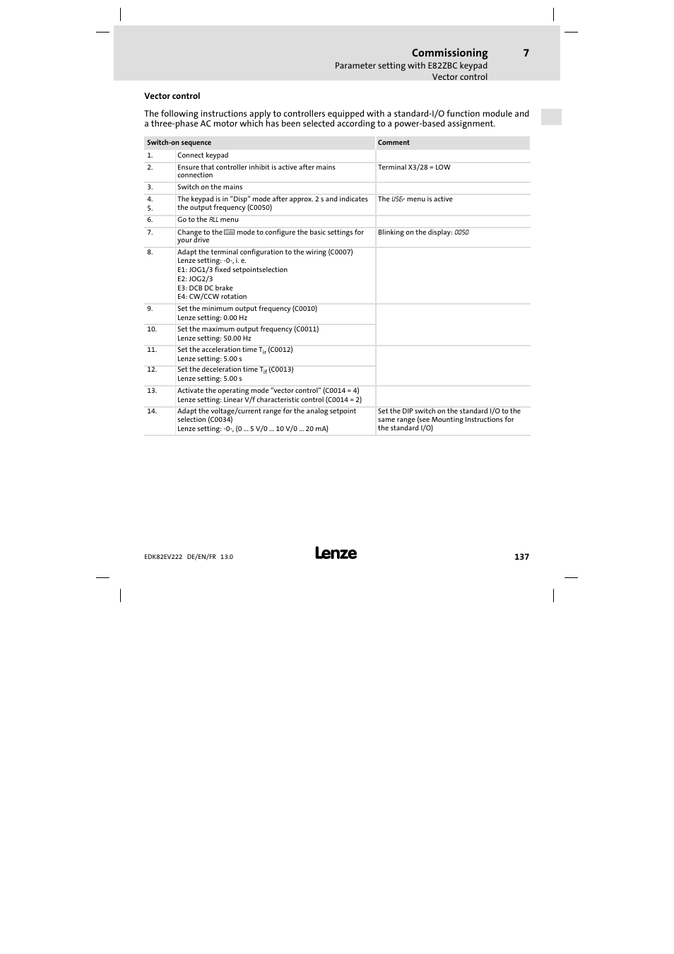Vector control, Commissioning | Lenze E82EV 8200 vector 0.25kW-2.2kW User Manual | Page 137 / 250