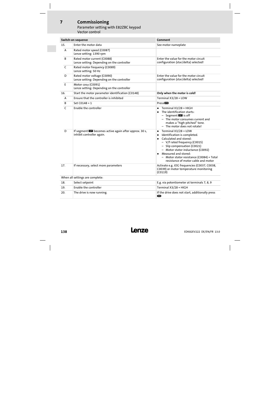Commissioning | Lenze E82EV 8200 vector 0.25kW-2.2kW User Manual | Page 138 / 250