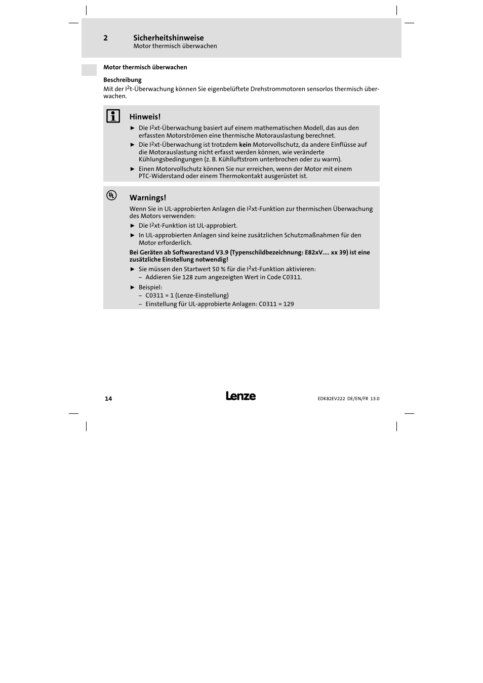 Motor thermisch überwachen | Lenze E82EV 8200 vector 0.25kW-2.2kW User Manual | Page 14 / 250