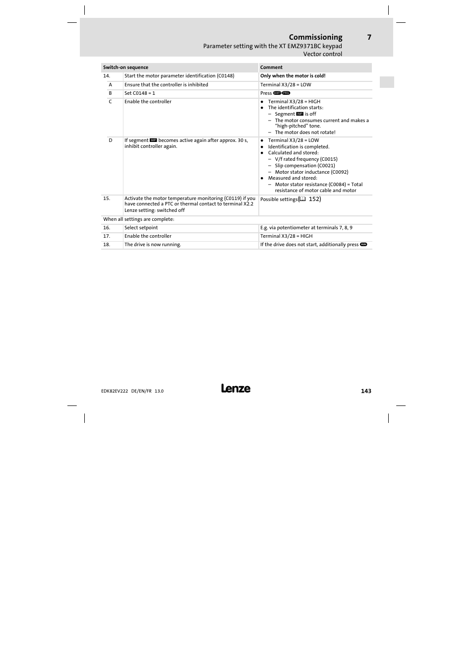 Commissioning | Lenze E82EV 8200 vector 0.25kW-2.2kW User Manual | Page 143 / 250