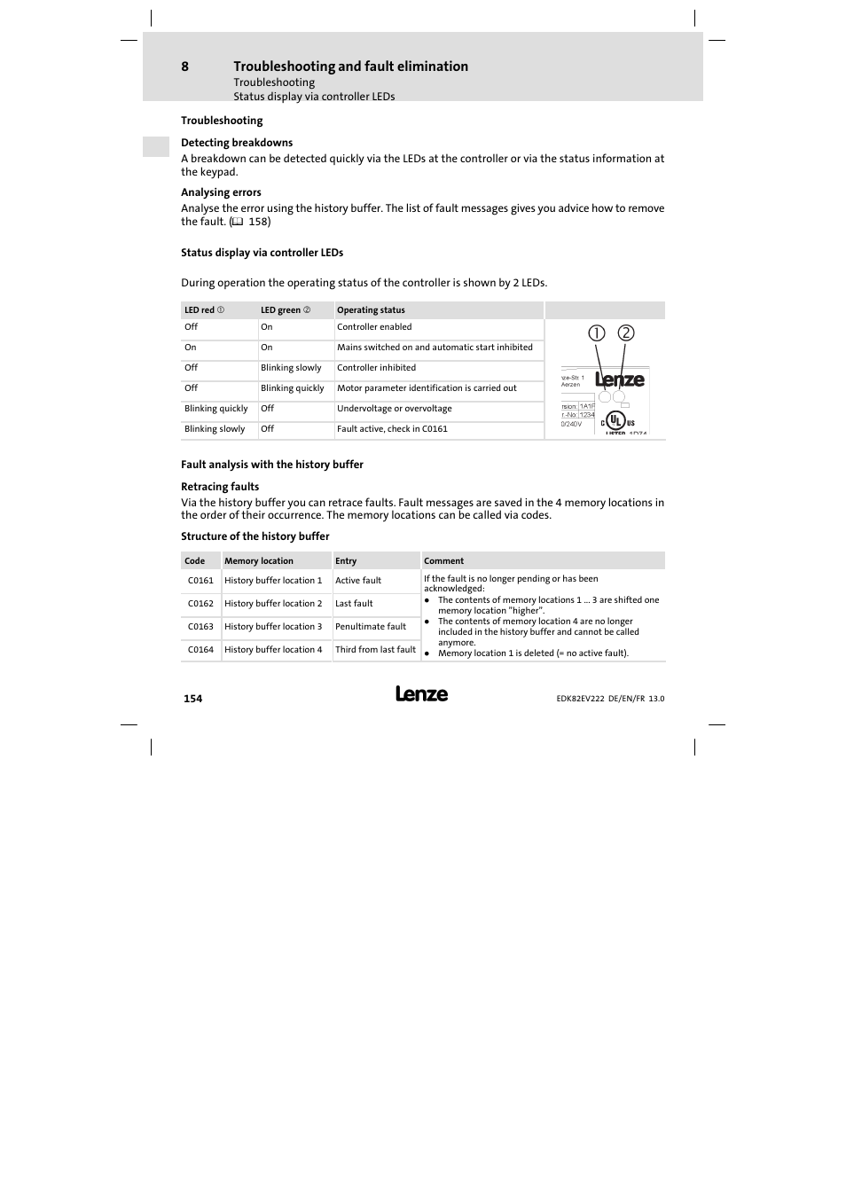 Troubleshooting and fault elimination, Troubleshooting, Status display via controller leds | Fault analysis with the history buffer | Lenze E82EV 8200 vector 0.25kW-2.2kW User Manual | Page 154 / 250