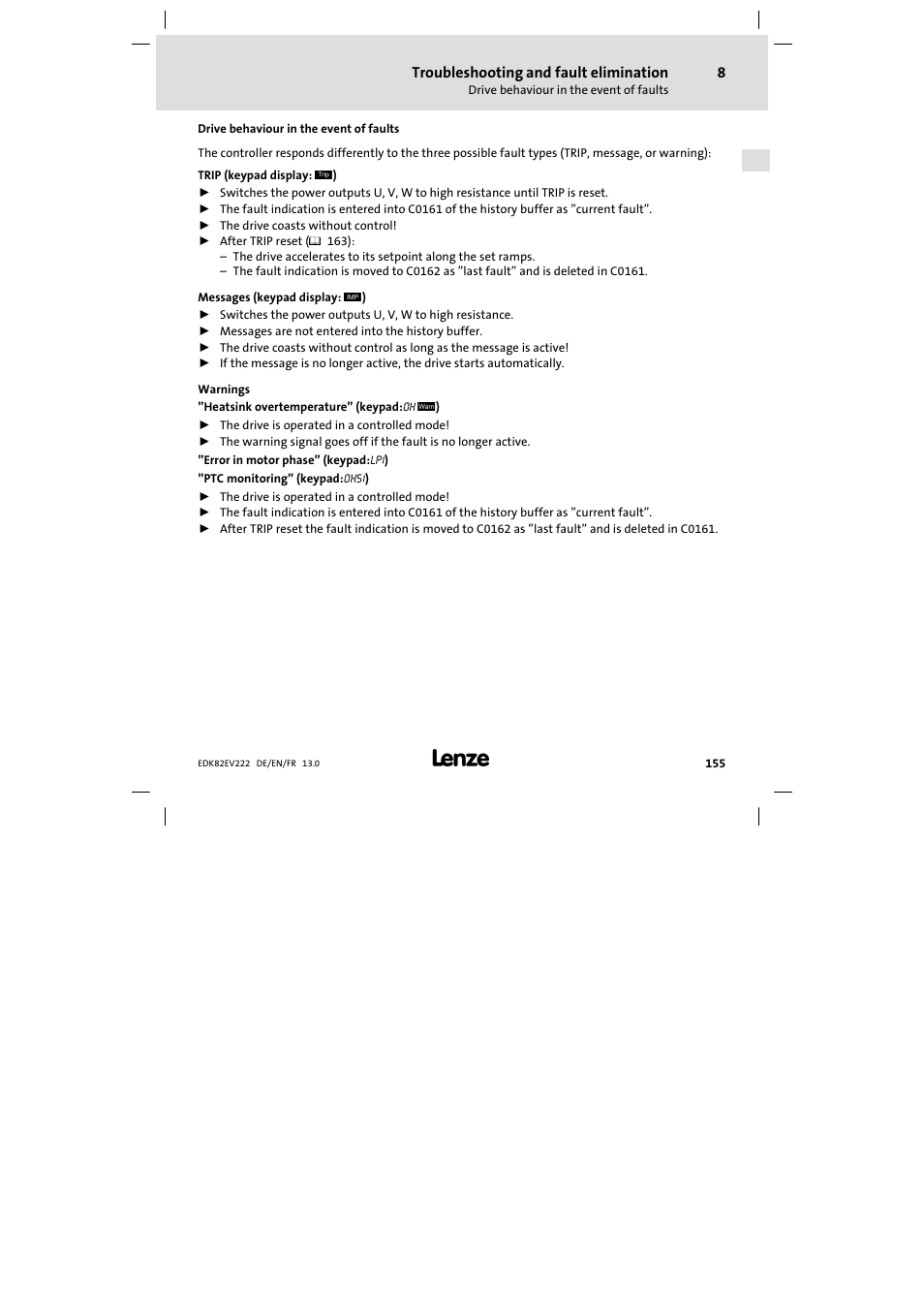 Drive behaviour in the event of faults | Lenze E82EV 8200 vector 0.25kW-2.2kW User Manual | Page 155 / 250