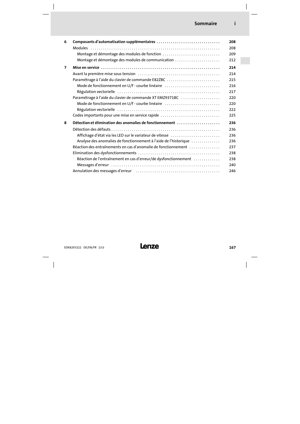 Sommaire i | Lenze E82EV 8200 vector 0.25kW-2.2kW User Manual | Page 167 / 250