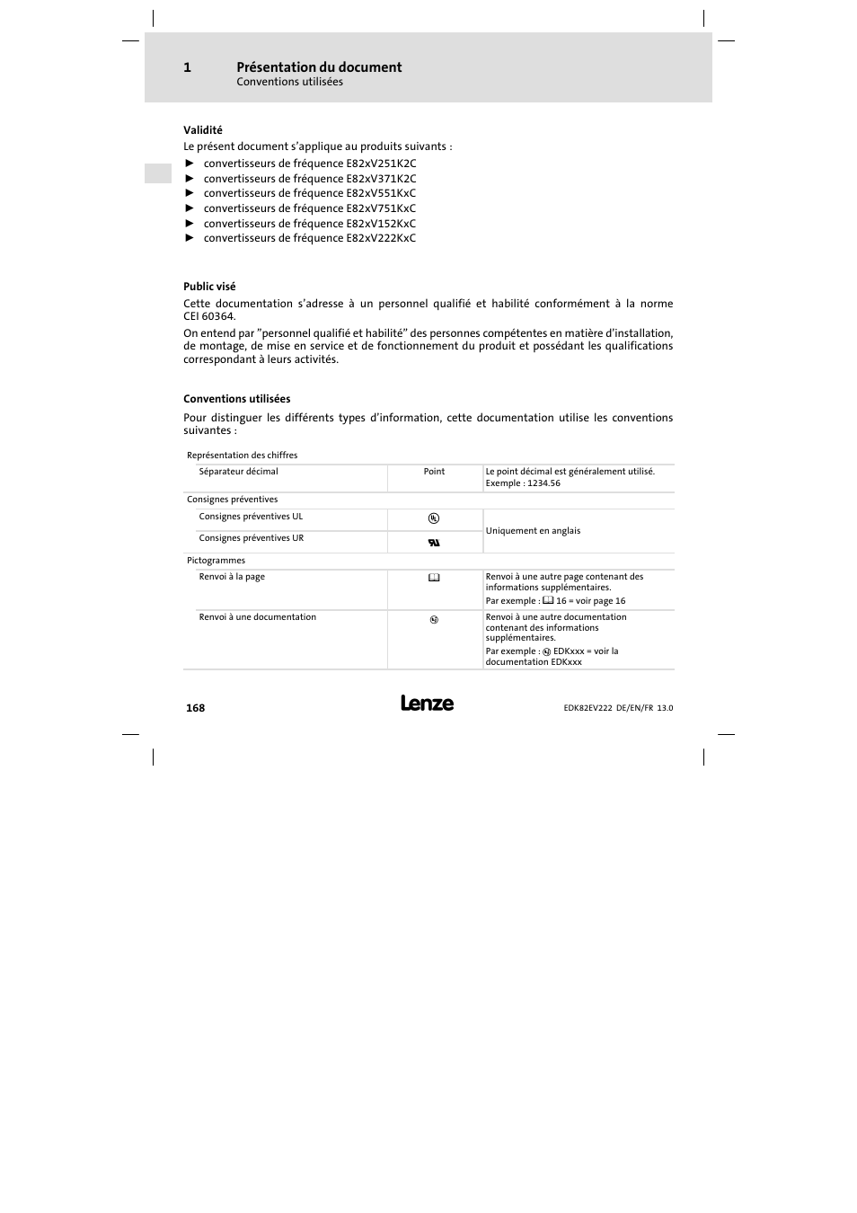 Présentation du document, Conventions utilisées | Lenze E82EV 8200 vector 0.25kW-2.2kW User Manual | Page 168 / 250