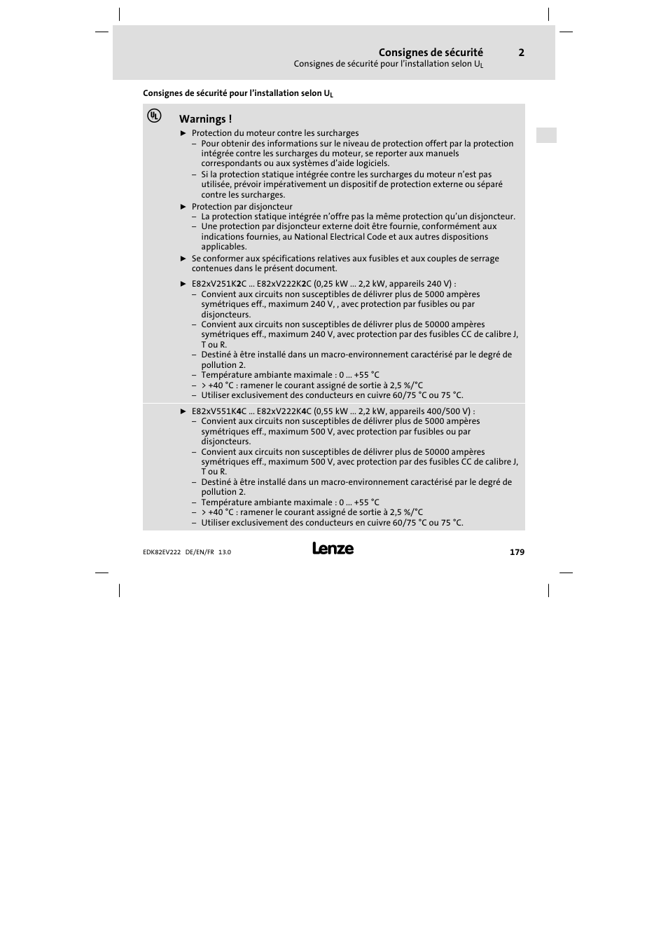 Consignes de sécurité pour l'installation selon ul, Consignes de sécurité pour l’installation selon ul, Consignes de sécurité | Warnings | Lenze E82EV 8200 vector 0.25kW-2.2kW User Manual | Page 179 / 250
