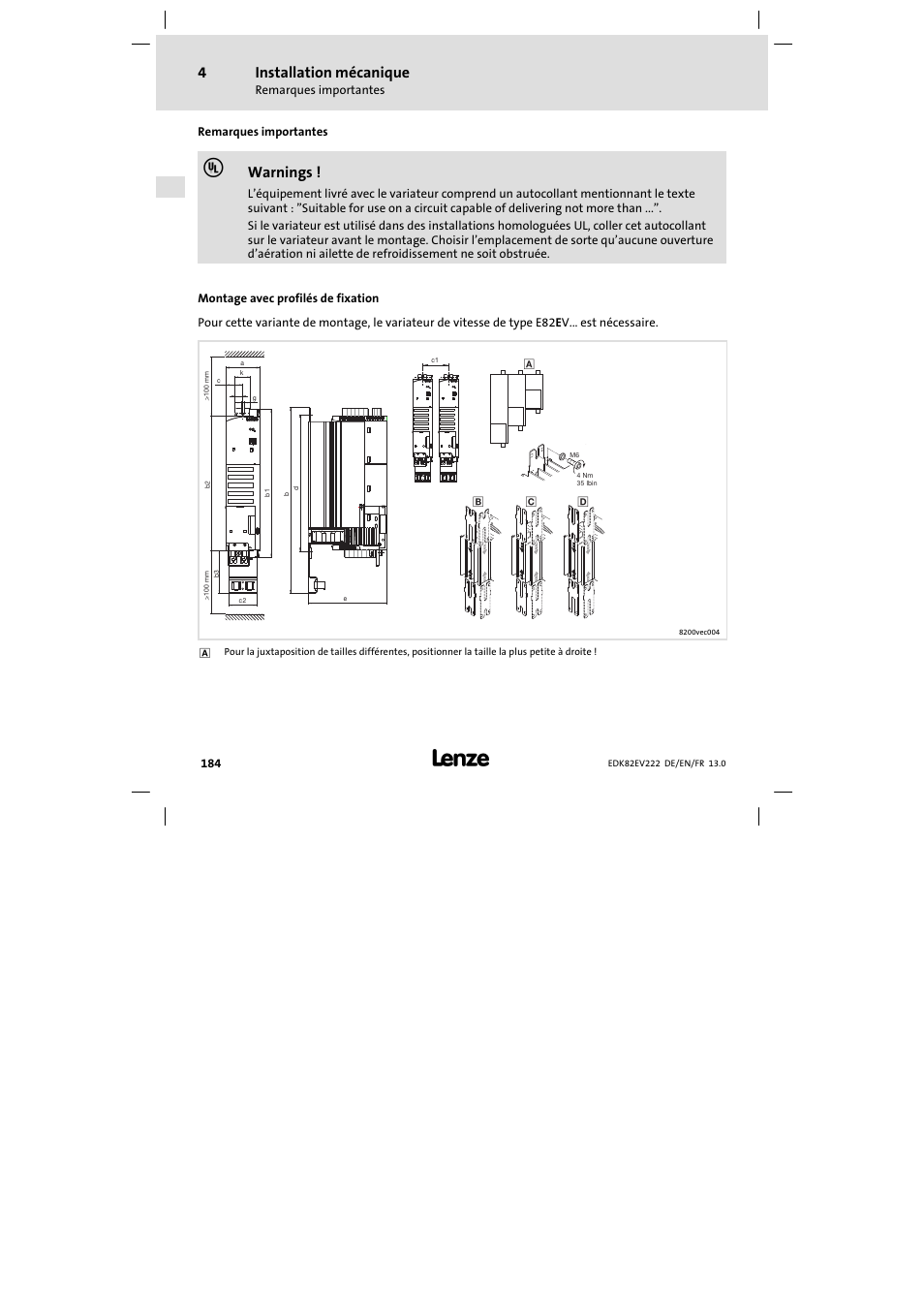 Installation mécanique, Remarques importantes, Montage avec profilés de fixation | Warnings | Lenze E82EV 8200 vector 0.25kW-2.2kW User Manual | Page 184 / 250