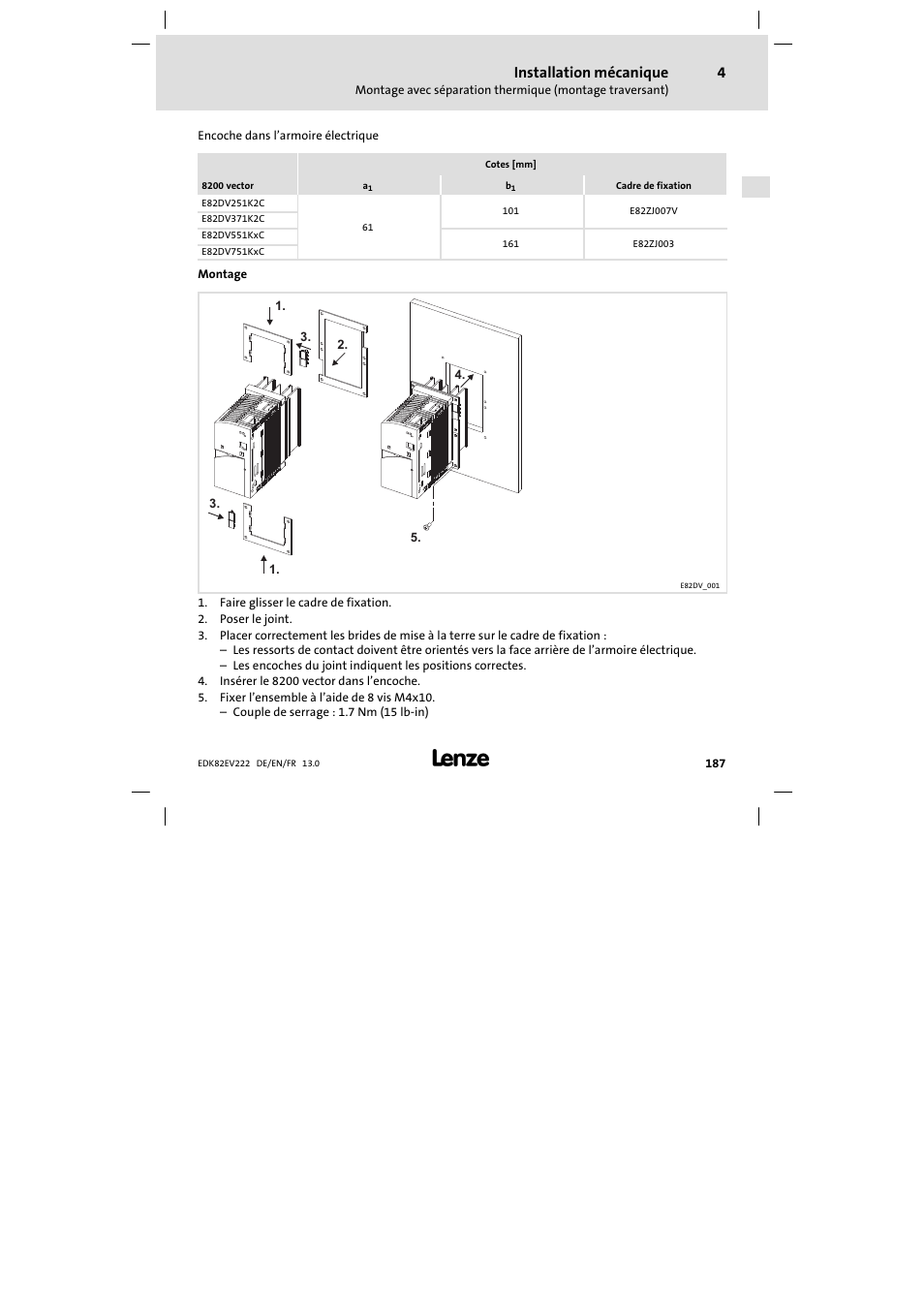 Installation mécanique | Lenze E82EV 8200 vector 0.25kW-2.2kW User Manual | Page 187 / 250