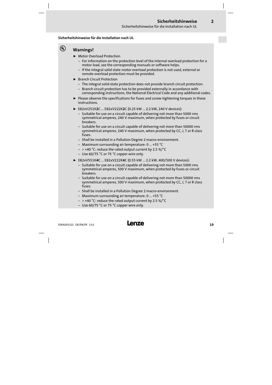 Sicherheitshinweise für die installation nach ul | Lenze E82EV 8200 vector 0.25kW-2.2kW User Manual | Page 19 / 250