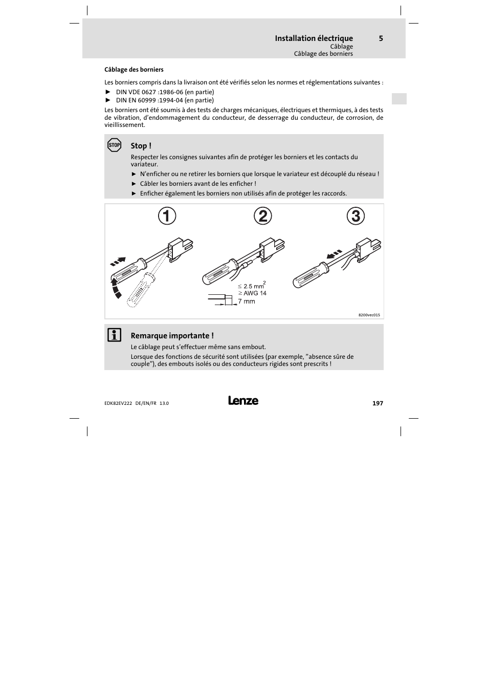 Câblage des borniers | Lenze E82EV 8200 vector 0.25kW-2.2kW User Manual | Page 197 / 250