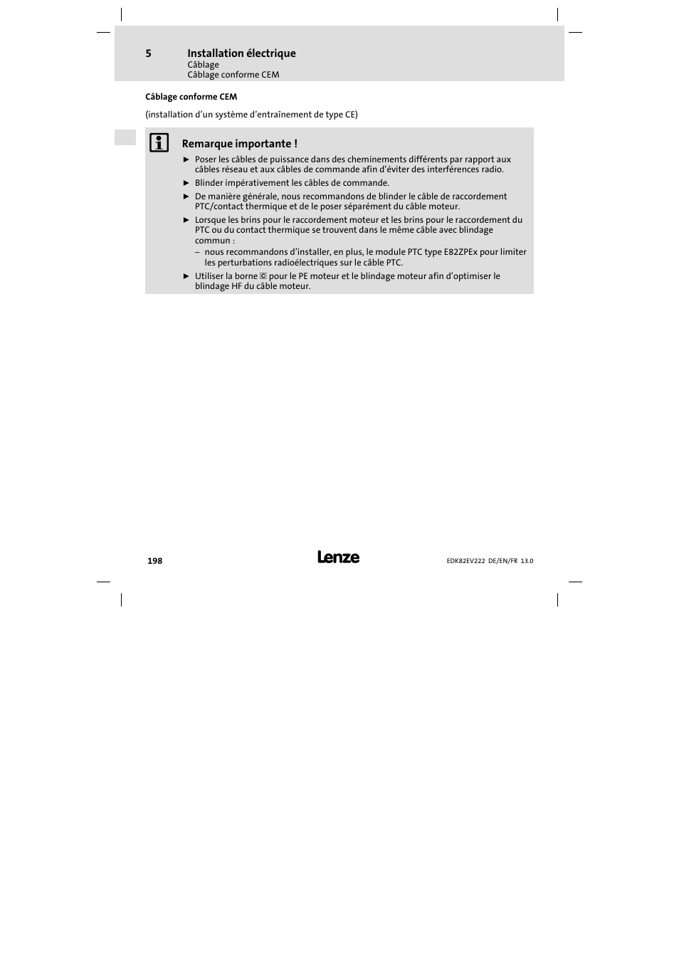 Câblage conforme cem | Lenze E82EV 8200 vector 0.25kW-2.2kW User Manual | Page 198 / 250