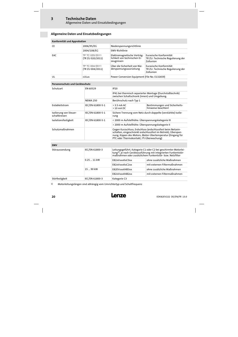Technische daten, Allgemeine daten und einsatzbedingungen | Lenze E82EV 8200 vector 0.25kW-2.2kW User Manual | Page 20 / 250